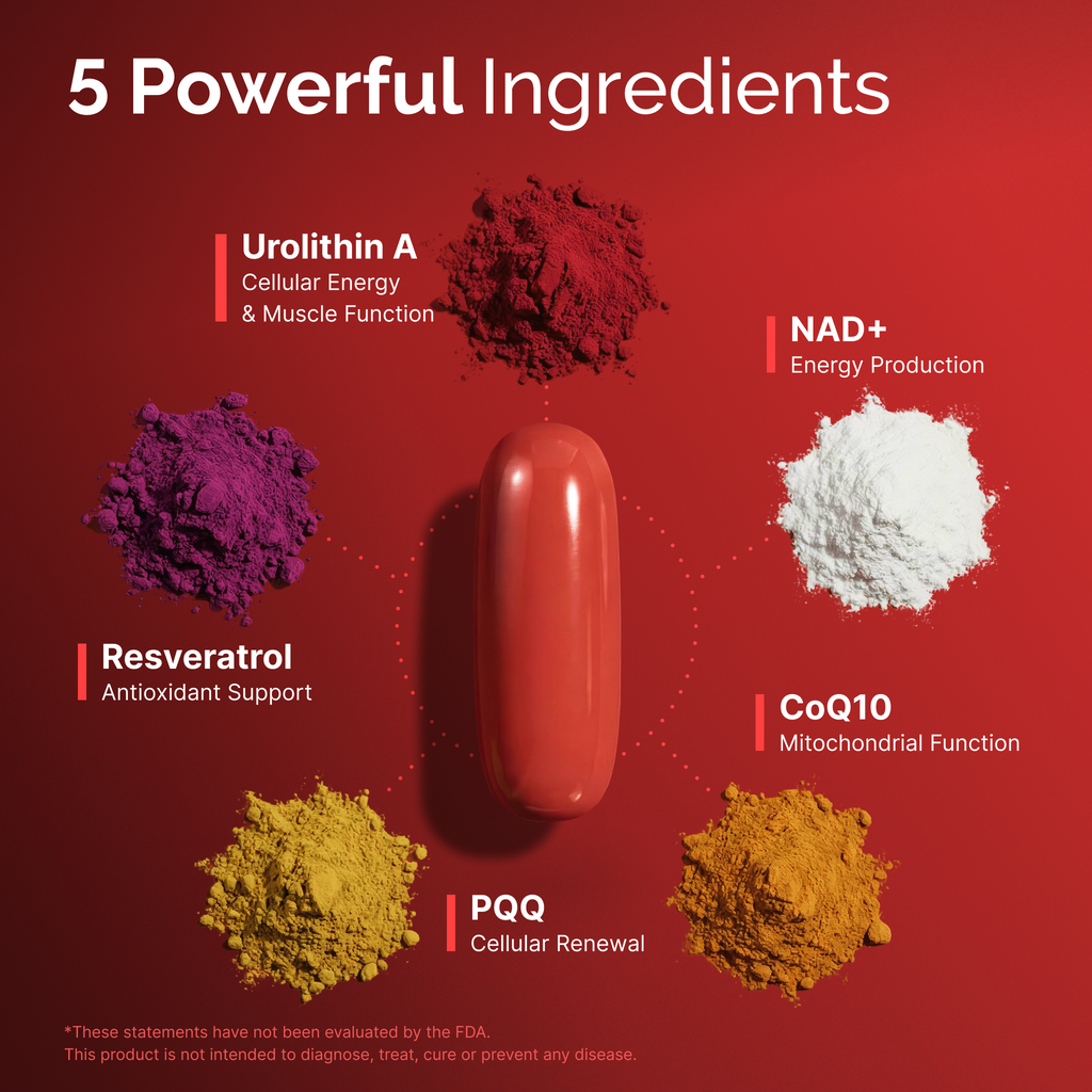Urolithin A Supplement with NAD+, Resveratrol, CoQ10 & PQQ, High Potency 5-in-1 Longevity Formula, Mitochondrial Support for Healthy Aging, Energy & Muscle Strength, 120 Softgels - 2 Month Supply