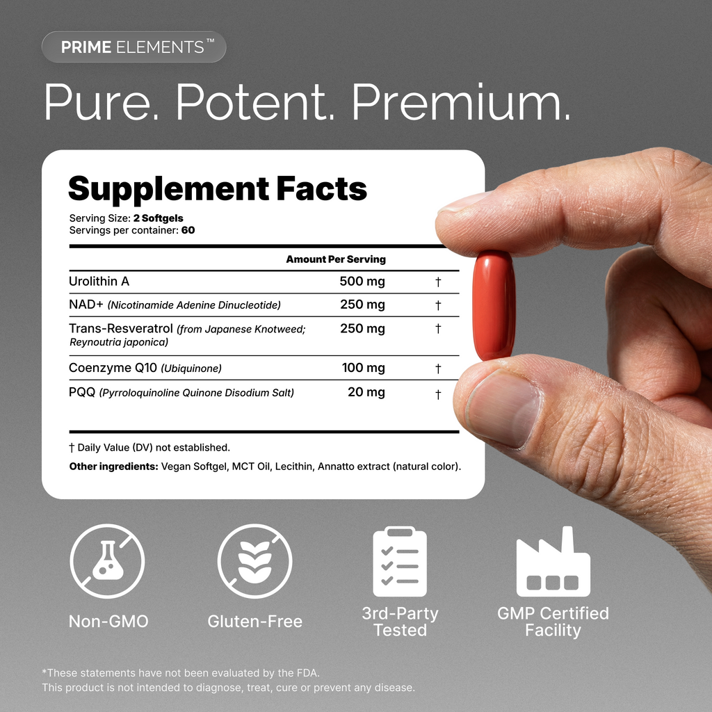 Urolithin A Supplement with NAD+, Resveratrol, CoQ10 & PQQ, High Potency 5-in-1 Longevity Formula, Mitochondrial Support for Healthy Aging, Energy & Muscle Strength, 120 Softgels - 2 Month Supply